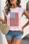 Pink Colorblock Edge Twisted Rib Texture Sequin American Flag Casual T Shirt