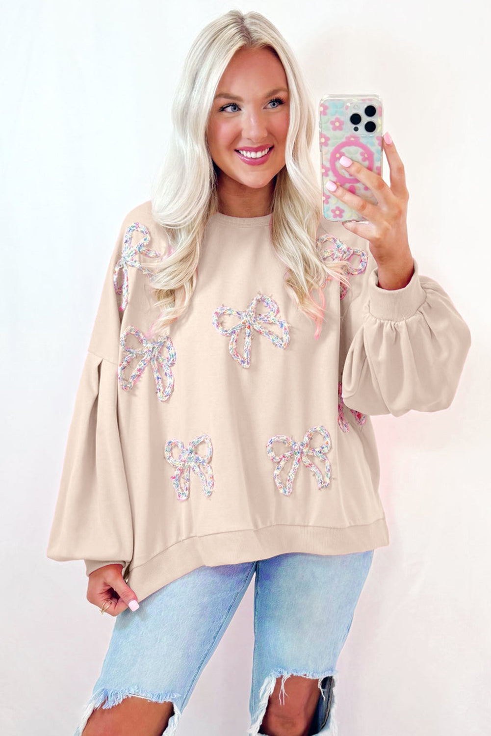 Light Pink Embroidered Bow Lantern Sleeve Oversized Pullover Sweatshirt