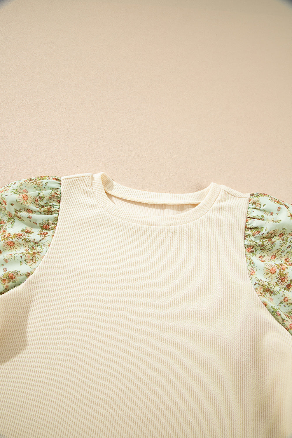 Beige Contrast Floral Bubble Sleeve Patchwork Ribbed Top