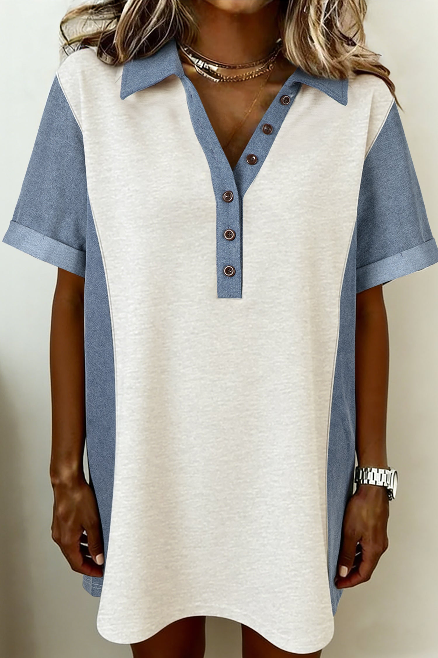 Beige Leopard Patchwork Half Button Short Sleeve Top