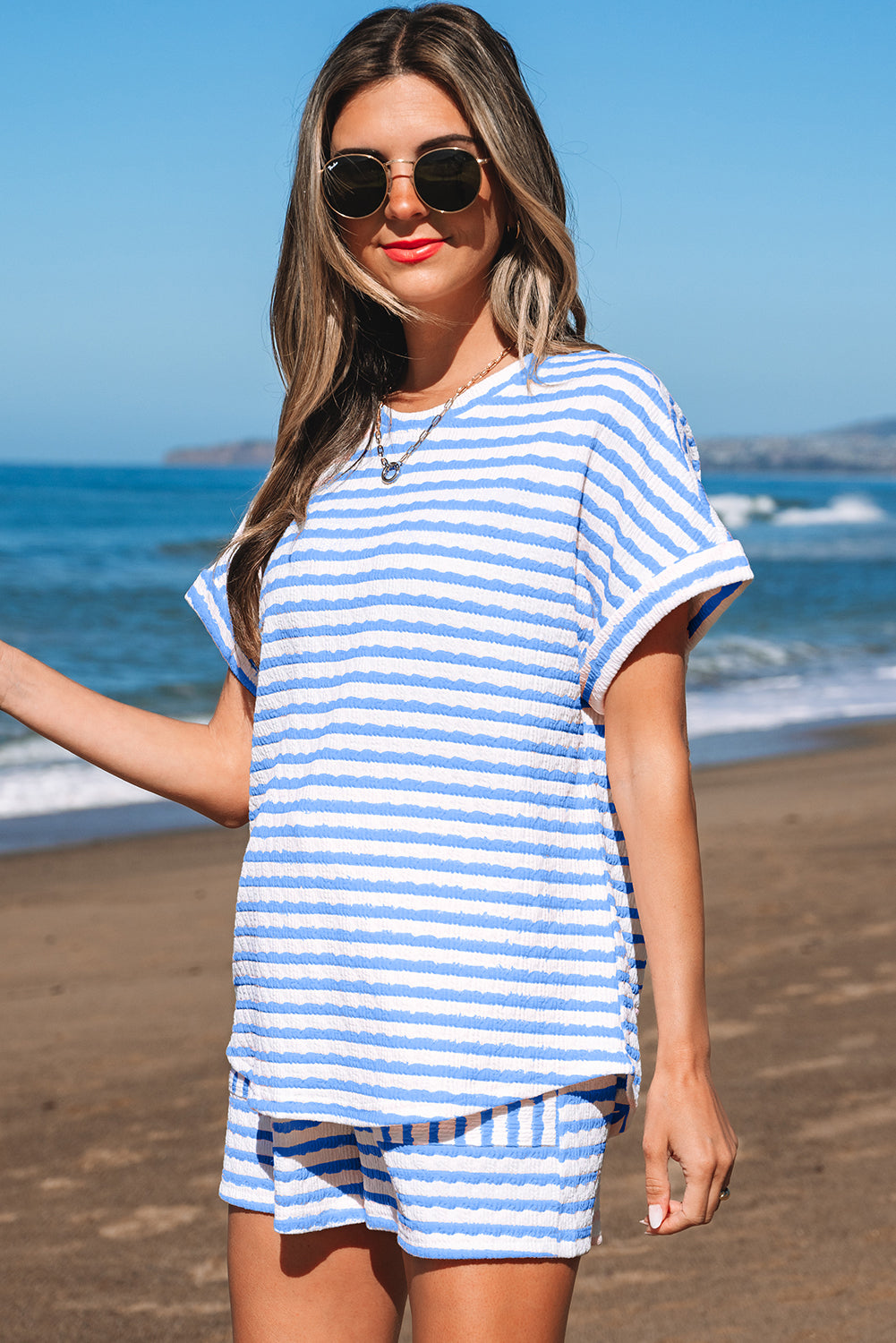 Pink Stripe Knitted Short Sleeve Top and Drawstring Shorts Set
