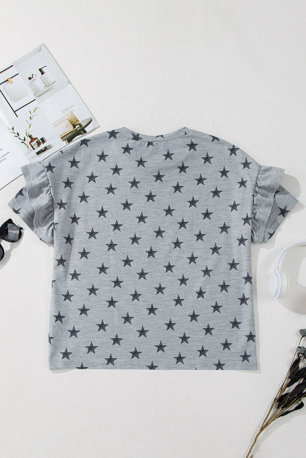 Gray USA Letter Patched Star Printed Ruffle Trim Sleeves Loose Tee