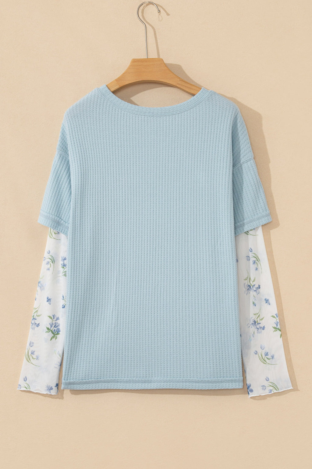 Beau Blue Floral Lace Sleeve Patchwork Waffle Fake Two-piece Top