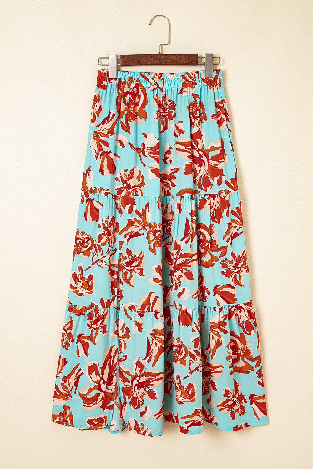 Orange Bohemian Floral Print Tiered Maxi Skirt with Split