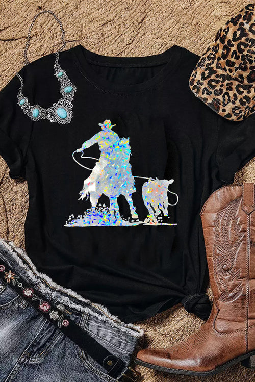 Black Laser Western Cowboy Graphic Crewneck Tee