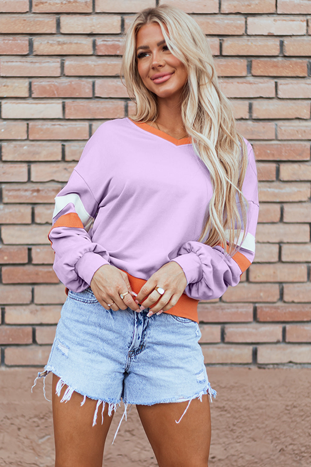 Orchid Bouquet Halloween Floral Pumpkin Color Block V Neck Sweatshirt