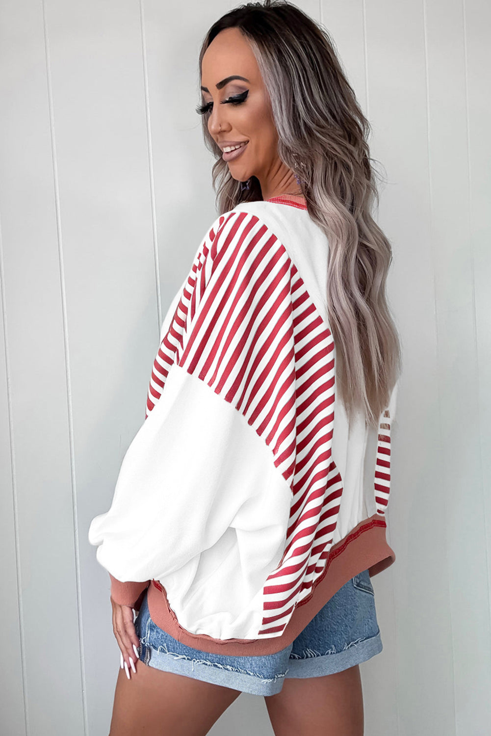 Red Stripe Colorblock Patchwork Contrast Stitching Oversize Sweatshirt