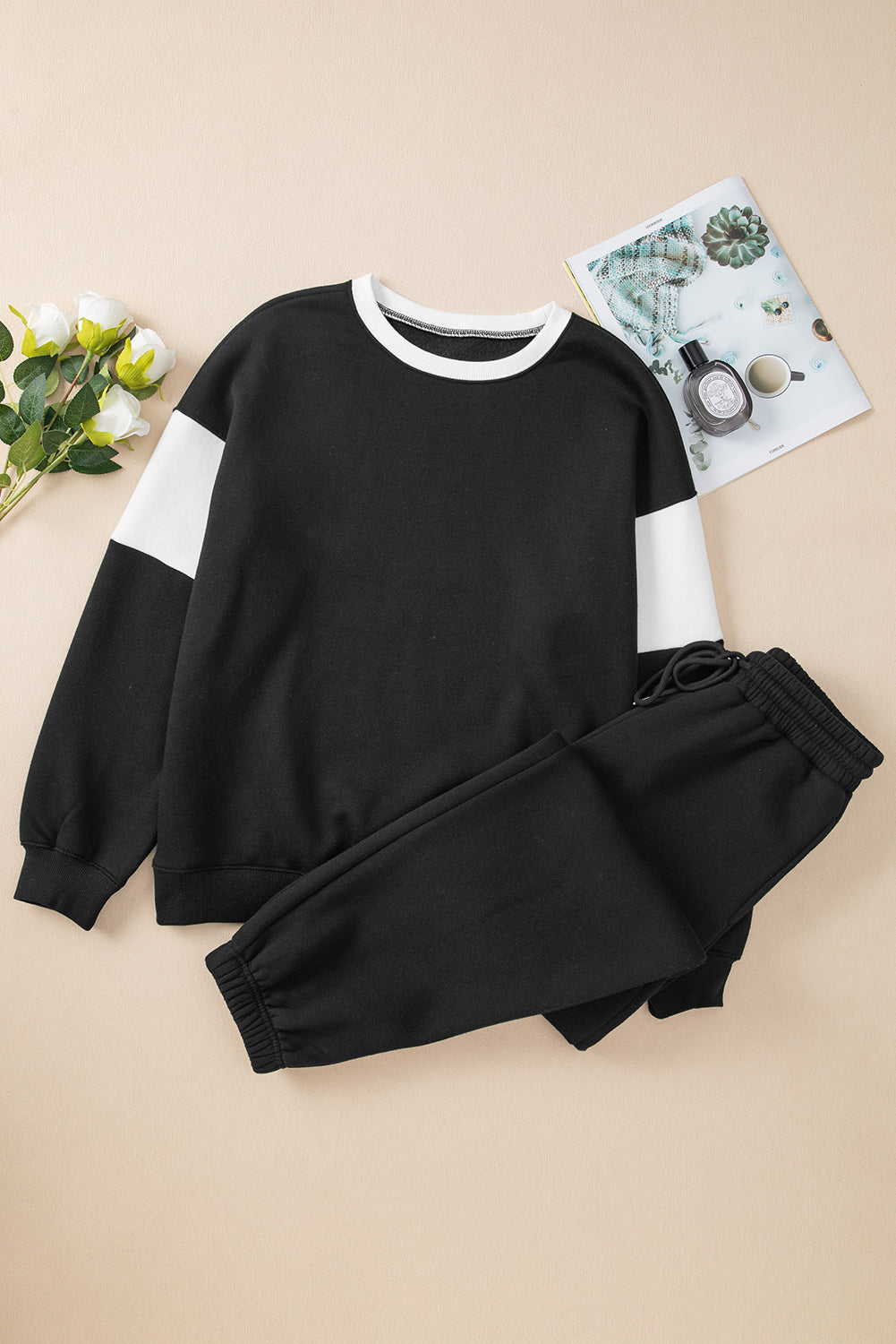 Black Drop Shoulder Loose Sweatshirt and Joggers Active Set