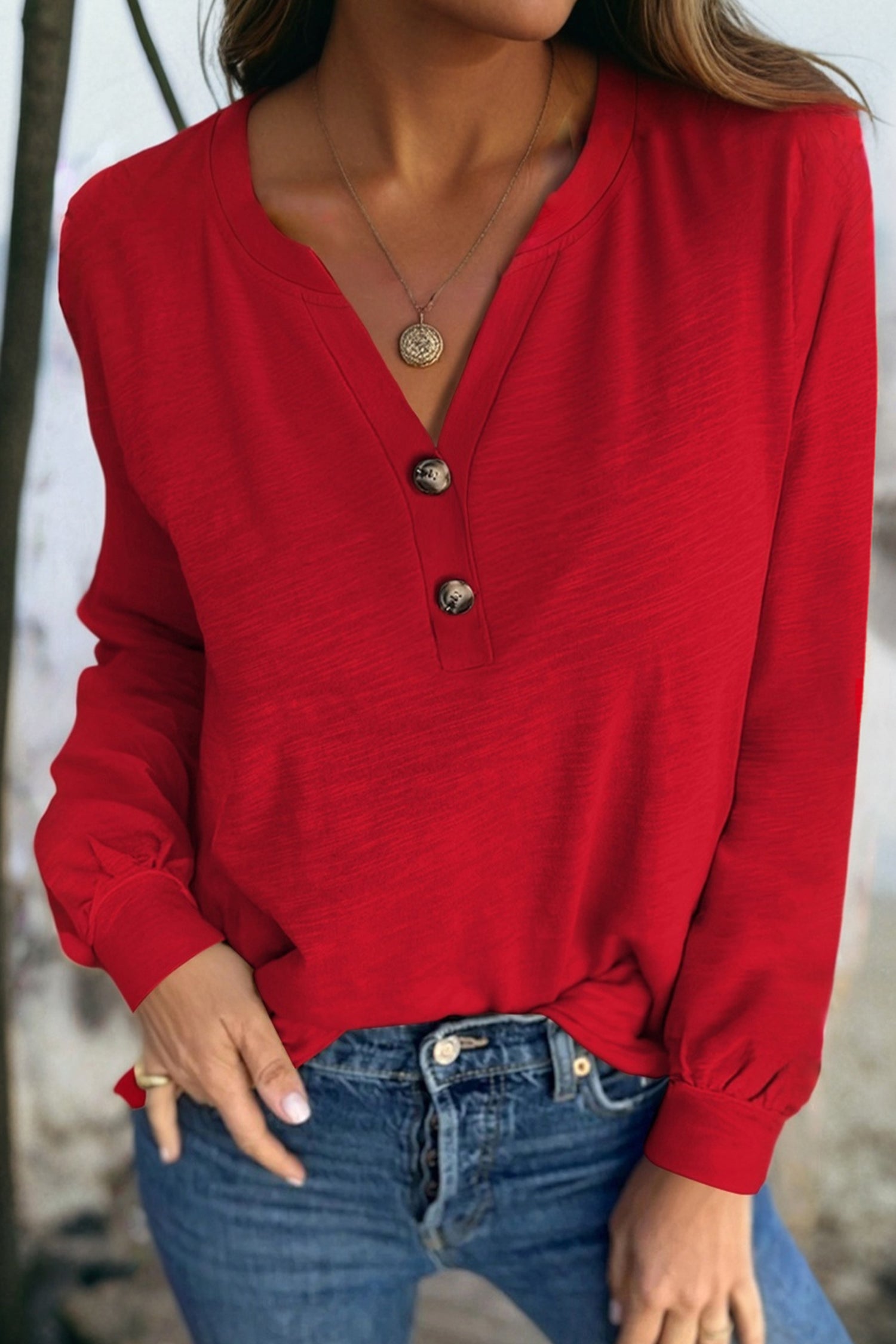Light French Beige Solid Color Button V Neck Long Sleeve Top