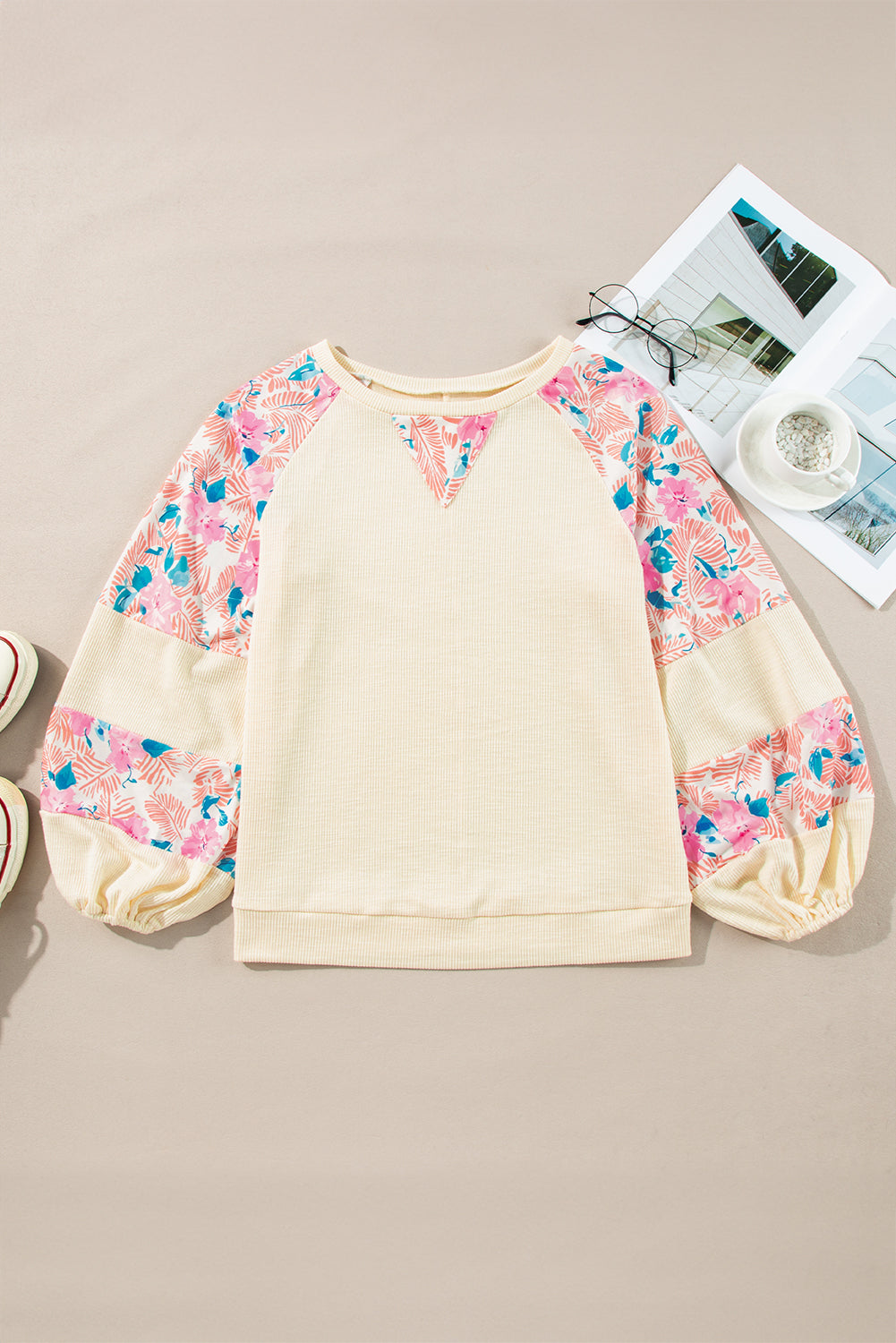 Apricot Plus Size Floral Patchwork Ribbed Puff Sleeve Top