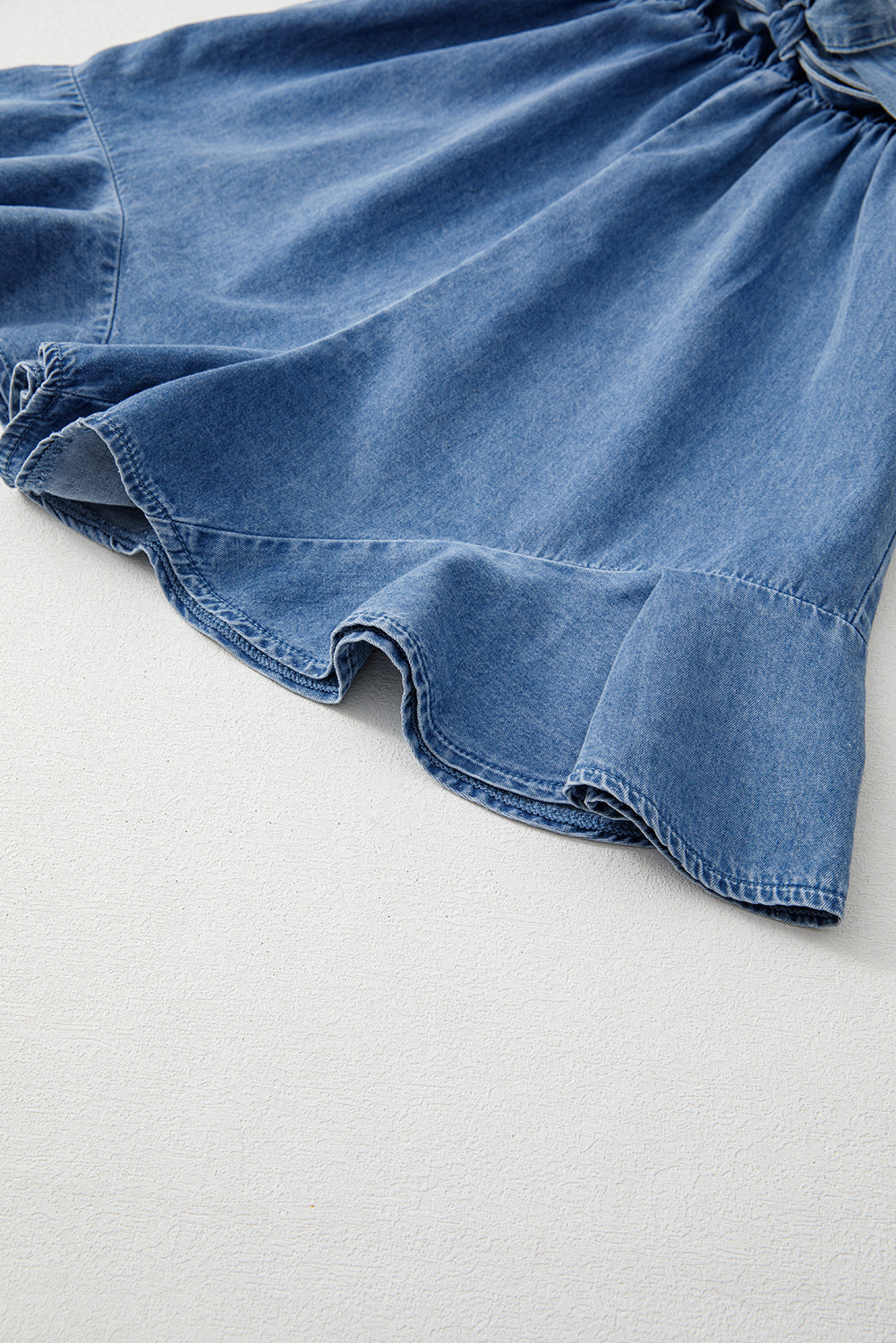 Ashleigh Blue Spaghetti Straps V Neck Belted Ruffled Leg Chambray Romper