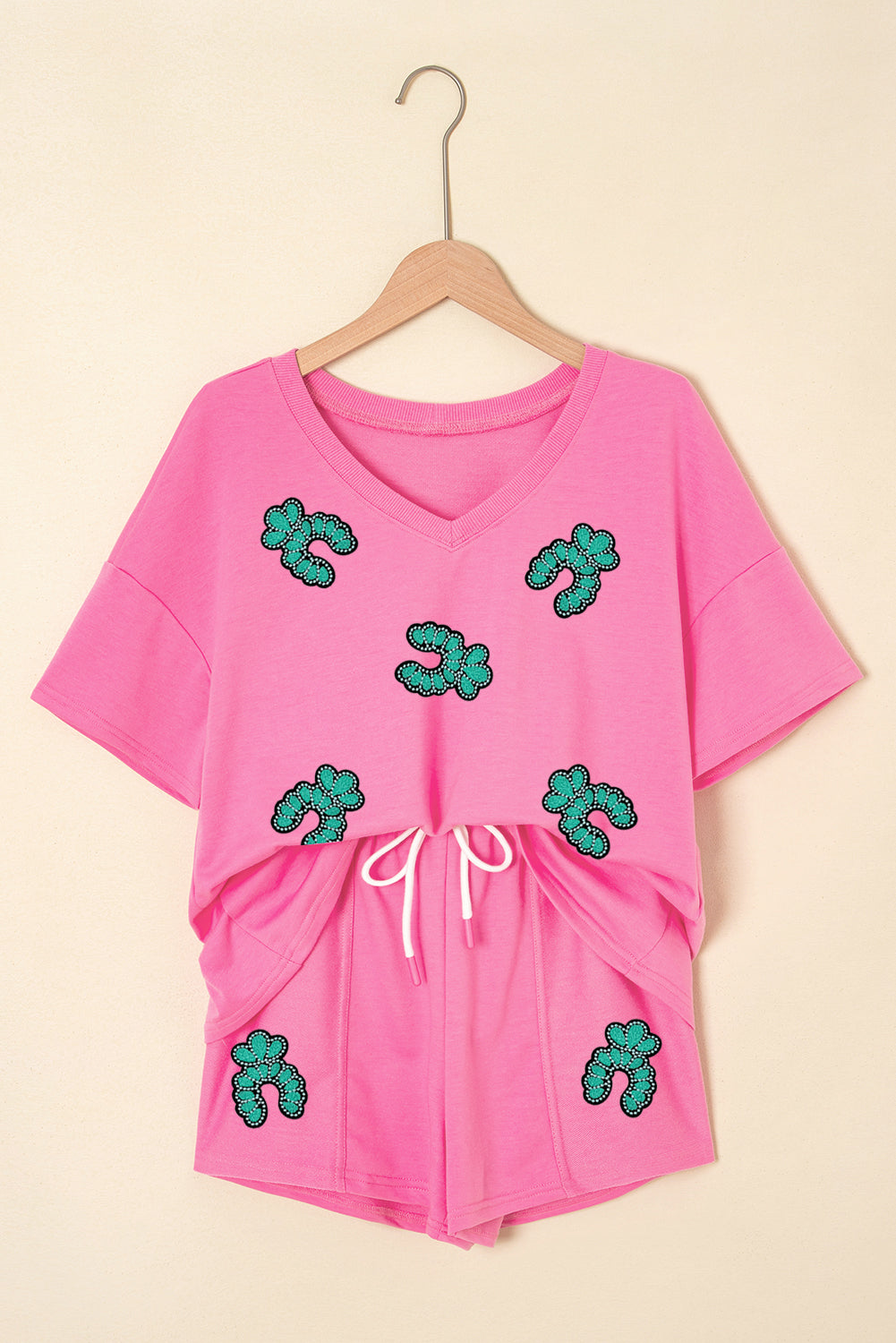Bonbon Sequin Turquoise Patched V Neck Tee Drawstring Shorts 2pcs Outfit