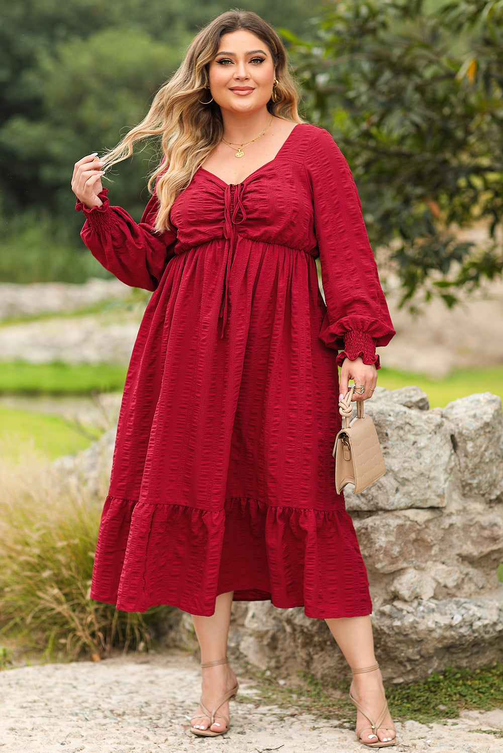 Black Lace-up Ruched Front Long Sleeve Ruffle Hem Plus Size Midi Dress