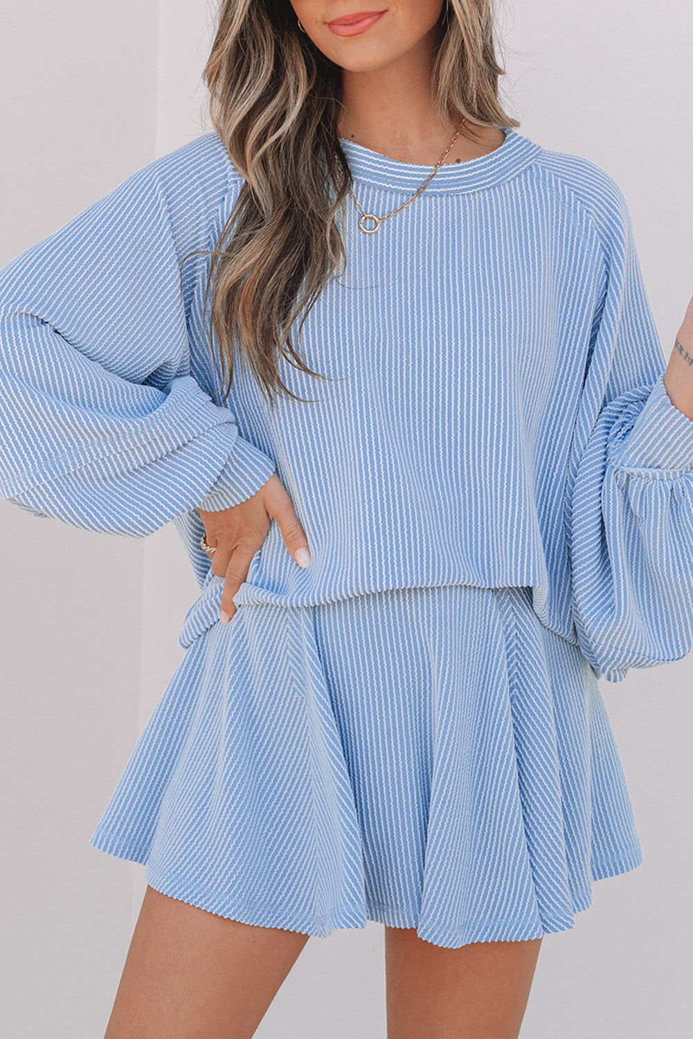Jet Stream Corded Lantern Sleeve Top High Waist Ruffled Mini Skort Set