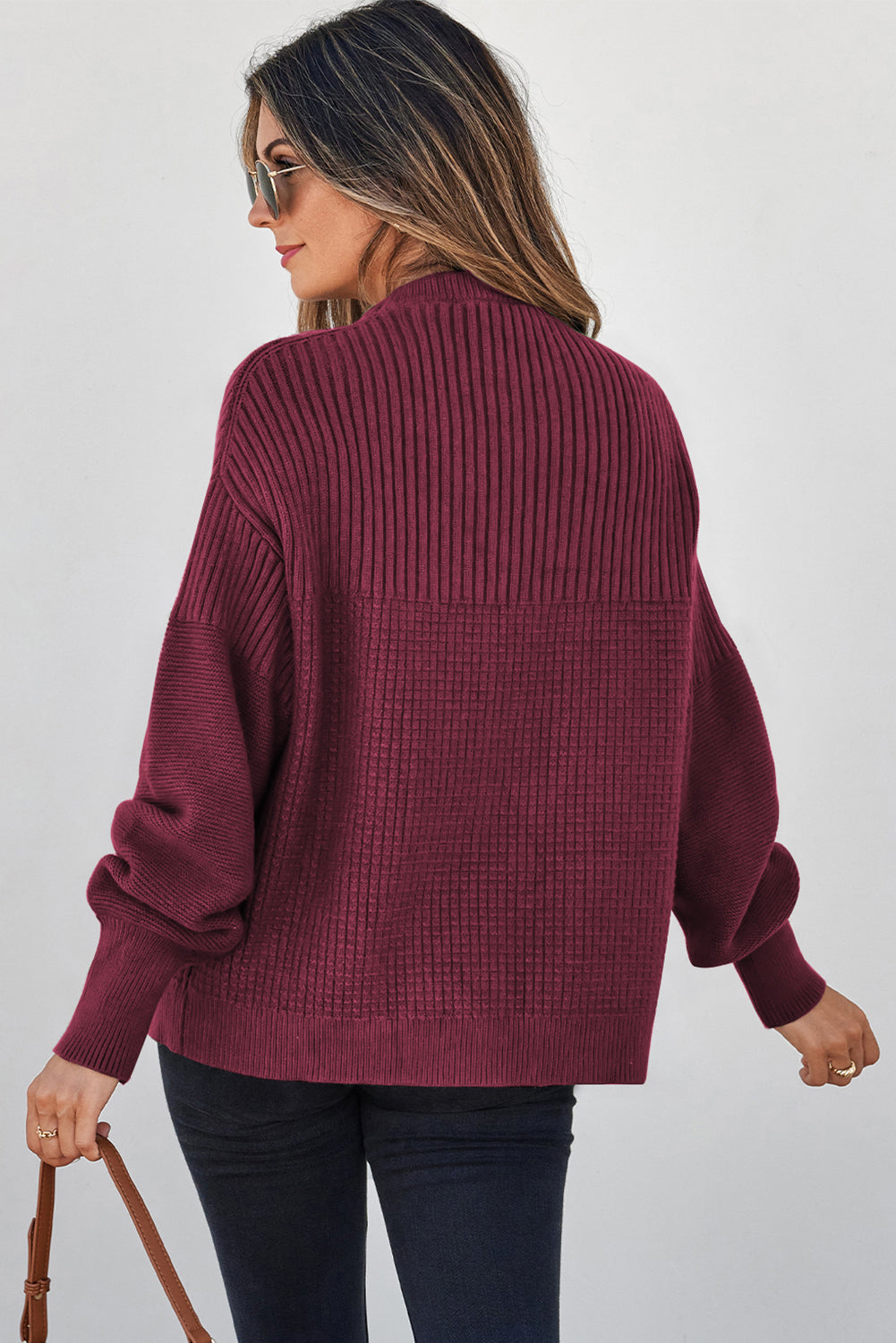 Vineyard Green Solid Color Mixed Textured Knitted Crew Neck Sweater