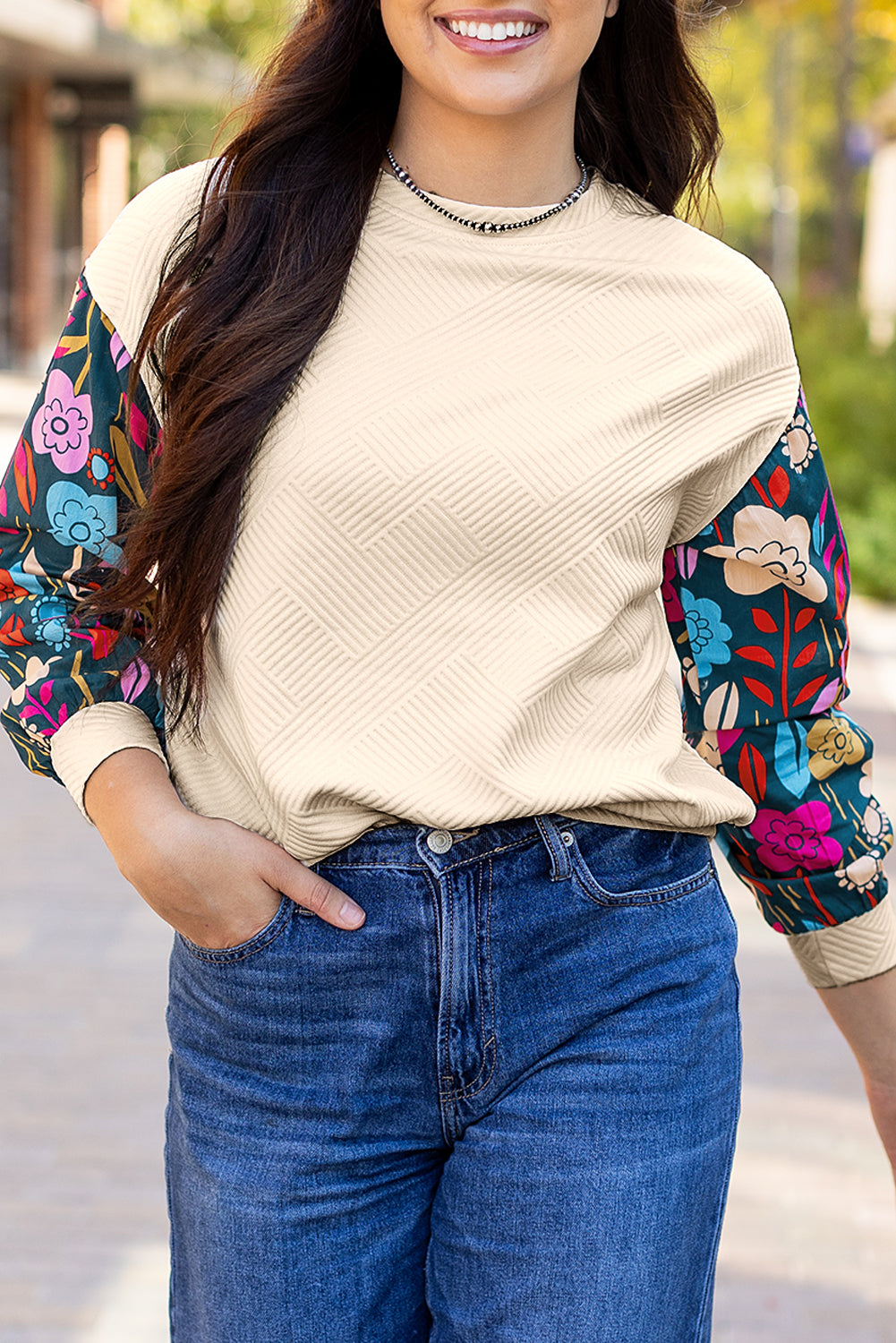 White Floral Patchwork Sleeve Textured Plus Size Pullover Top