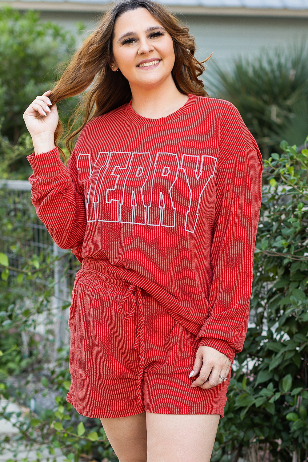 Black MERRY Corded Long Sleeve Top and Pockets Pants Set