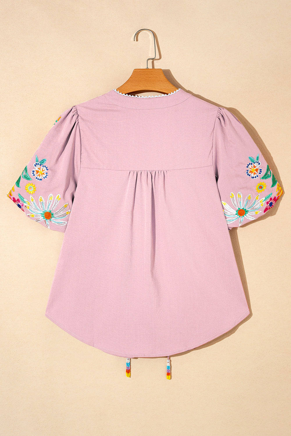 Clearly Aqua Floral Embroidered Puff Sleeve Split Neck Blouse