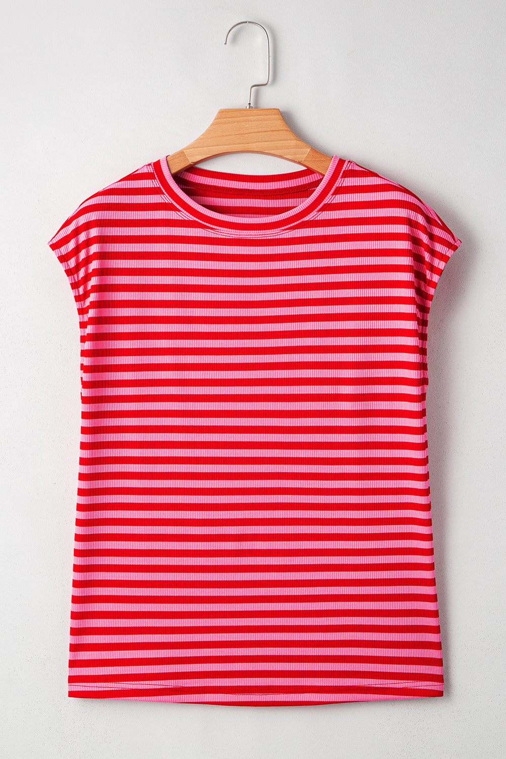 Sky Blue Stripe Ribbed Cap Sleeve Round Neck T Shirt