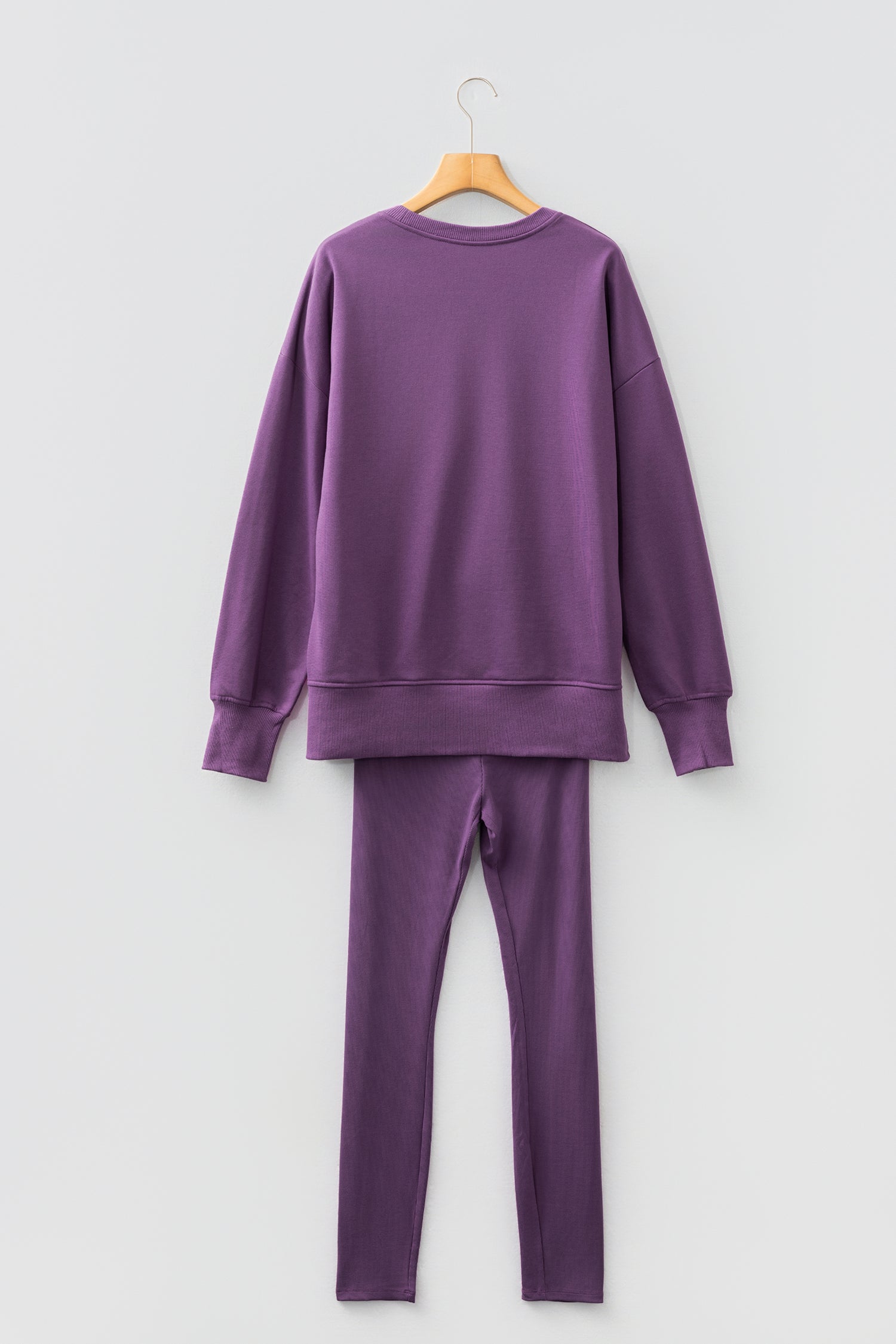 Black Solid Color Oversize Slit Sweatshirt Ribbed Leggings 2pcs Set