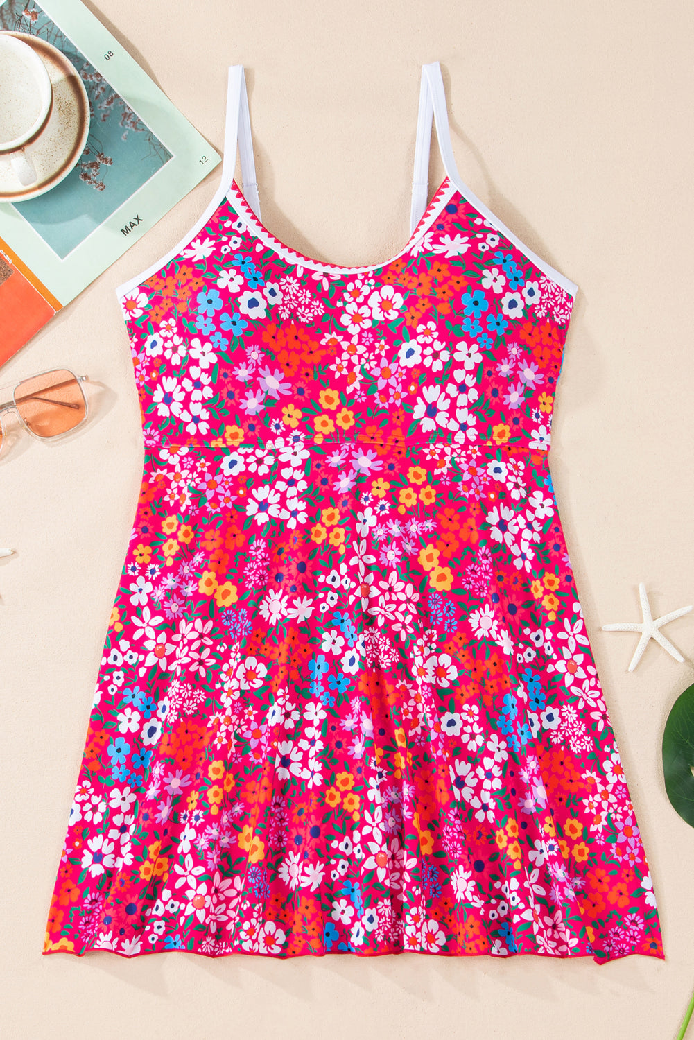 Red Floral Print Ricrac Trim Spaghetti Strap One Piece Swim Dress