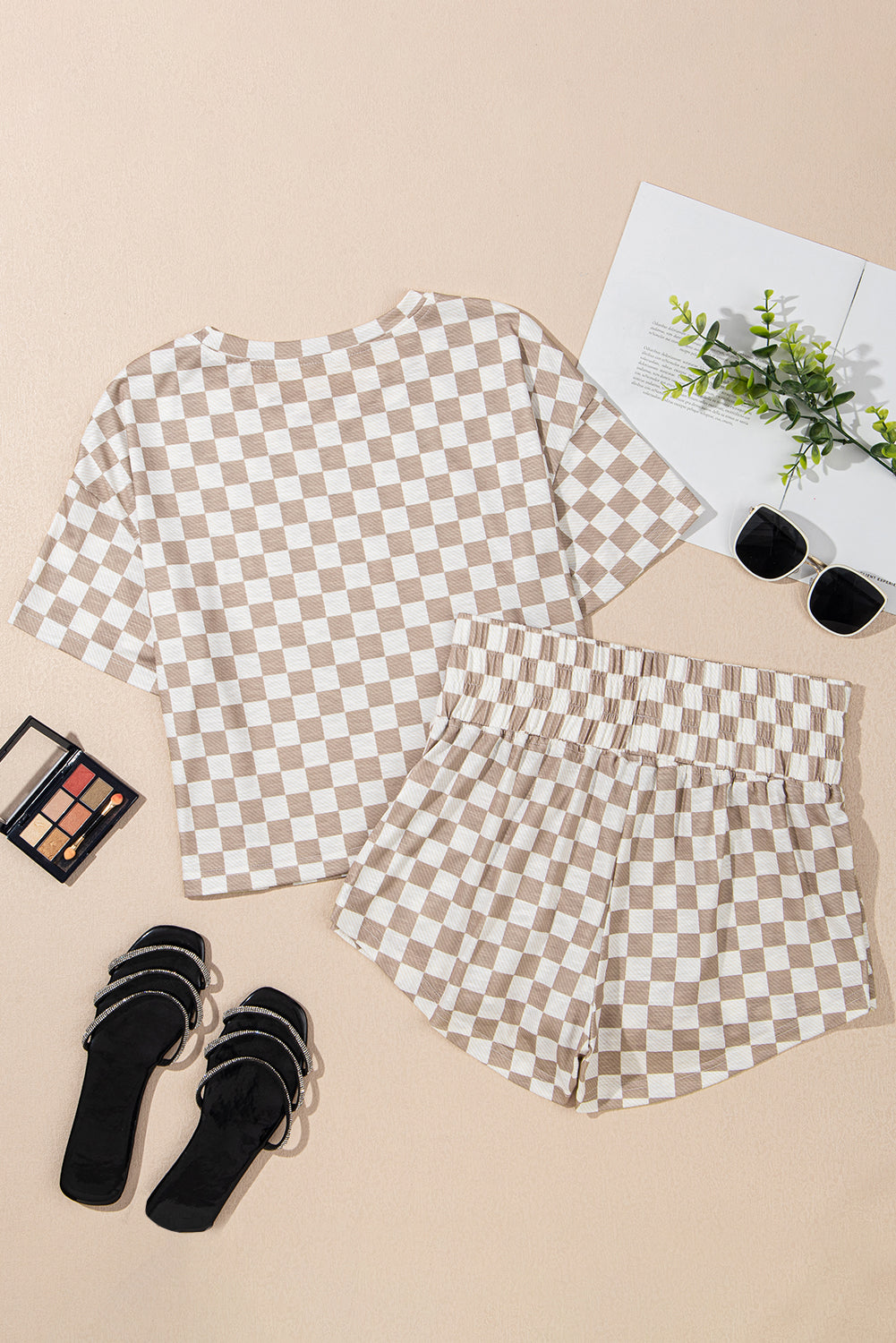 Brown Sequined Rodeo Graphic Checked Cropped Tee and Short Set