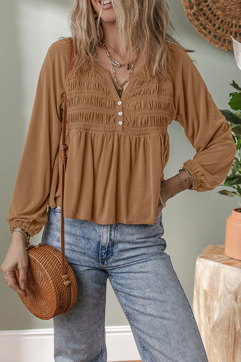 Black Smocked Bust Buttoned Split V Neck Flow Fit Blouse