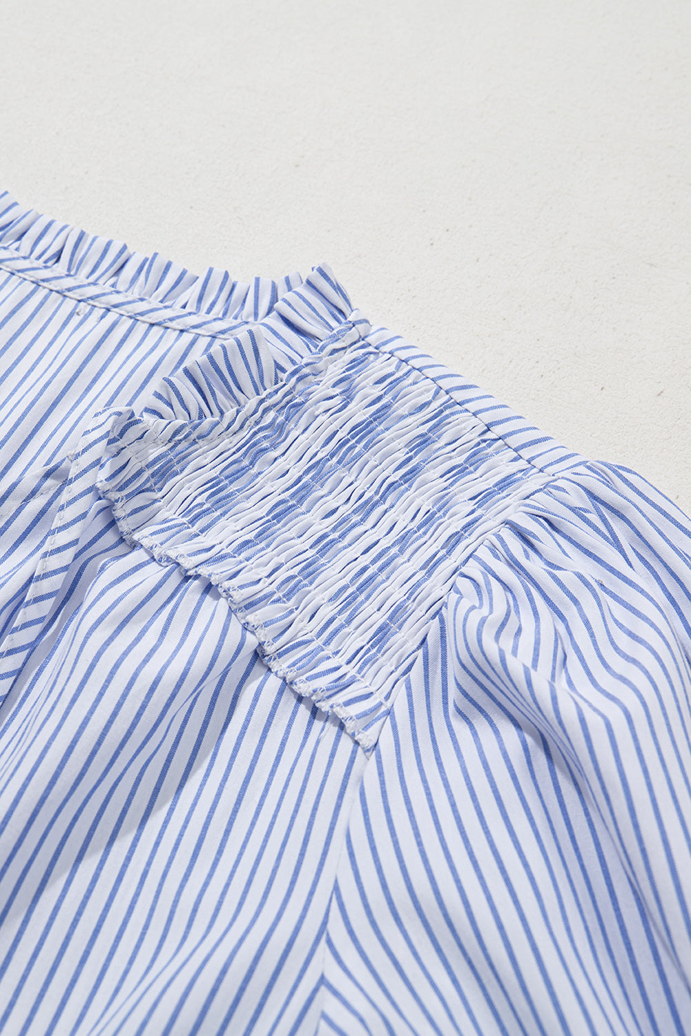 Gray Stripe Shirred Detail V Neck Puff Half Sleeve V Neck Blouse