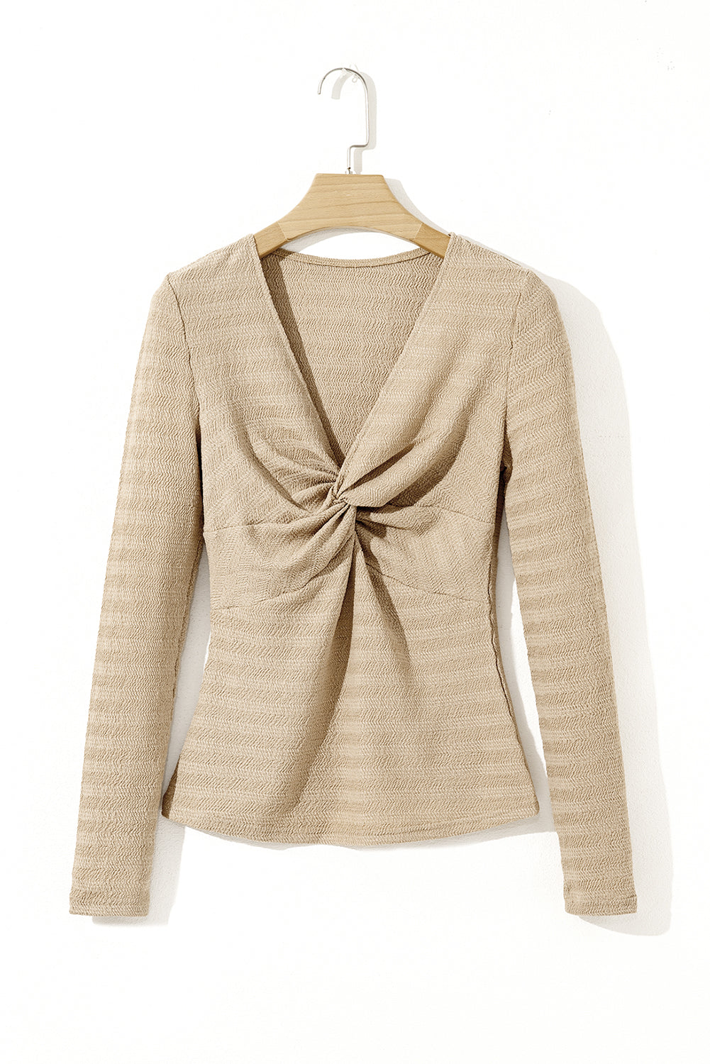 Moonlight Jade Textured Twist Front V Neck Long Sleeve Slim Solid Color Top
