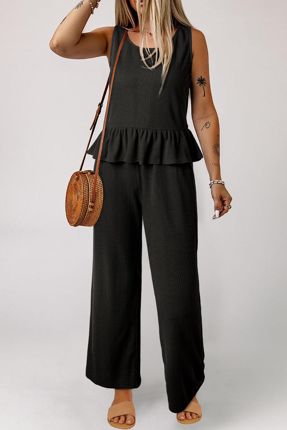 Beau Blue Solid Color Ribbed Ruffle Tank Top and Pants Set