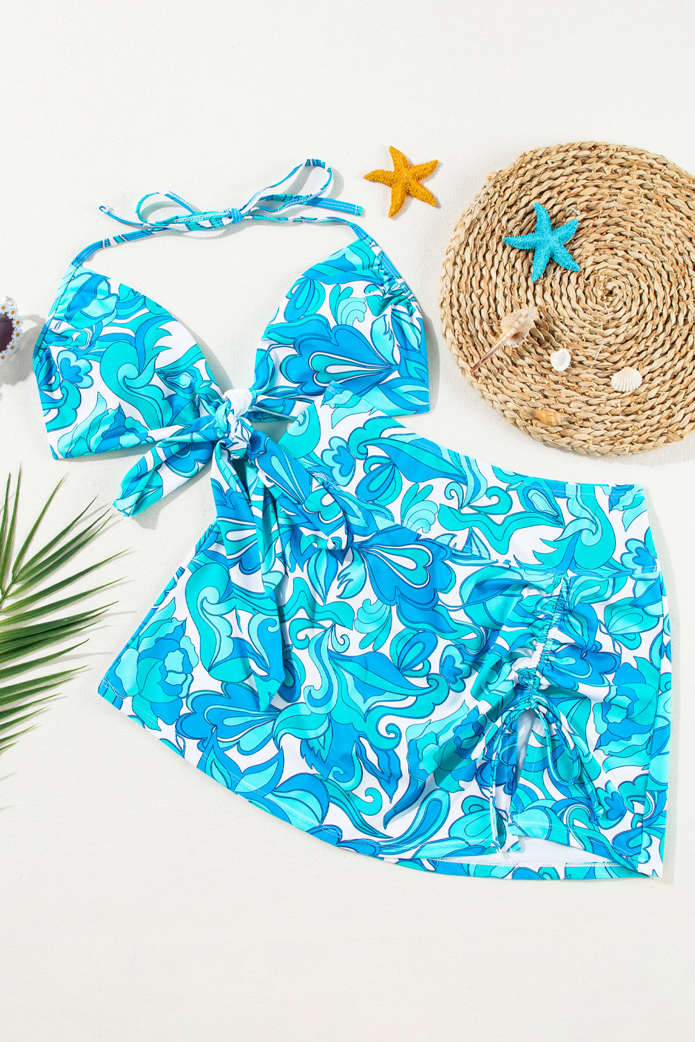 Sky Blue Floral Crossover Tie Back Halter Bikini with Swim Bottoms