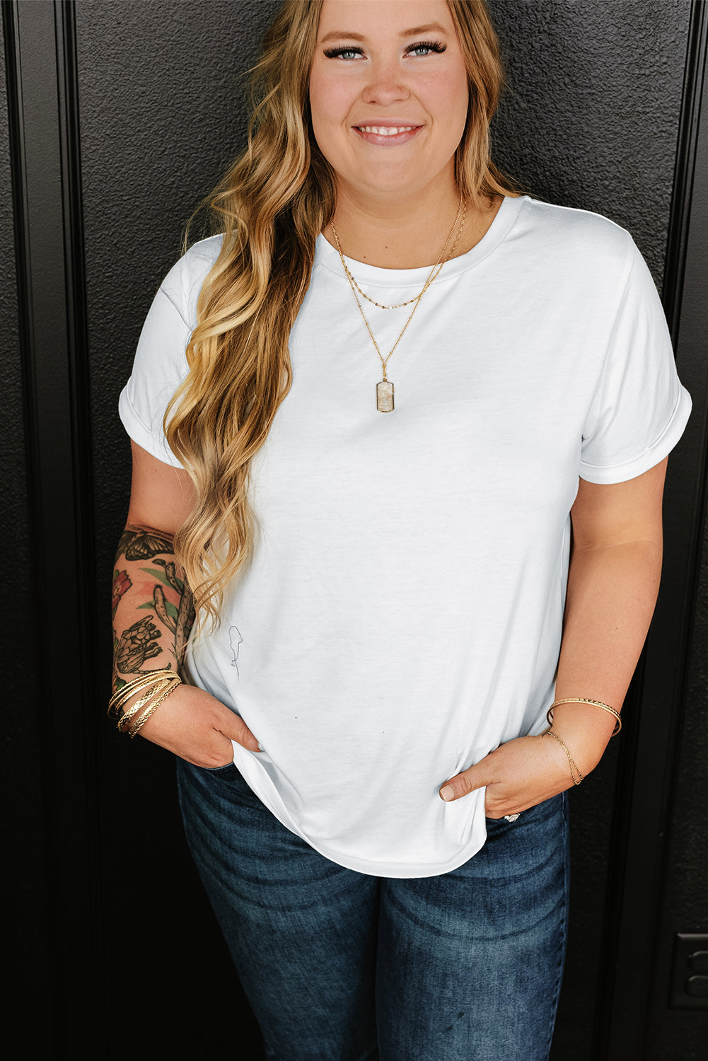 Iceland Blue Round Neck Rolled Sleeve Plus Size T-shirt