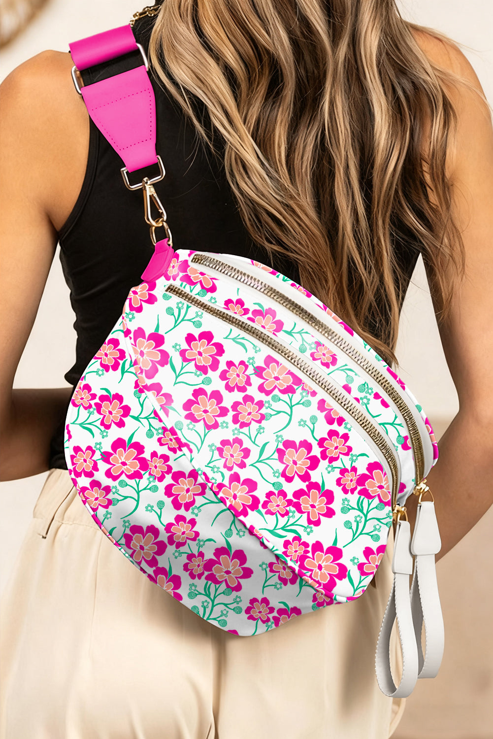 Black Floral Printed Double Zip Crossbody Bag