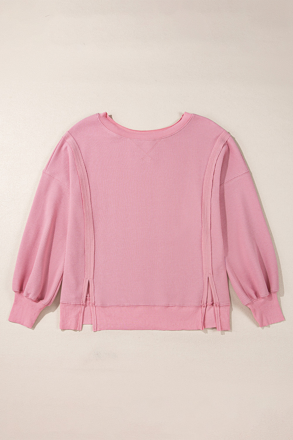 White Waffle knit Bishop Sleeve Split Oversized Top
