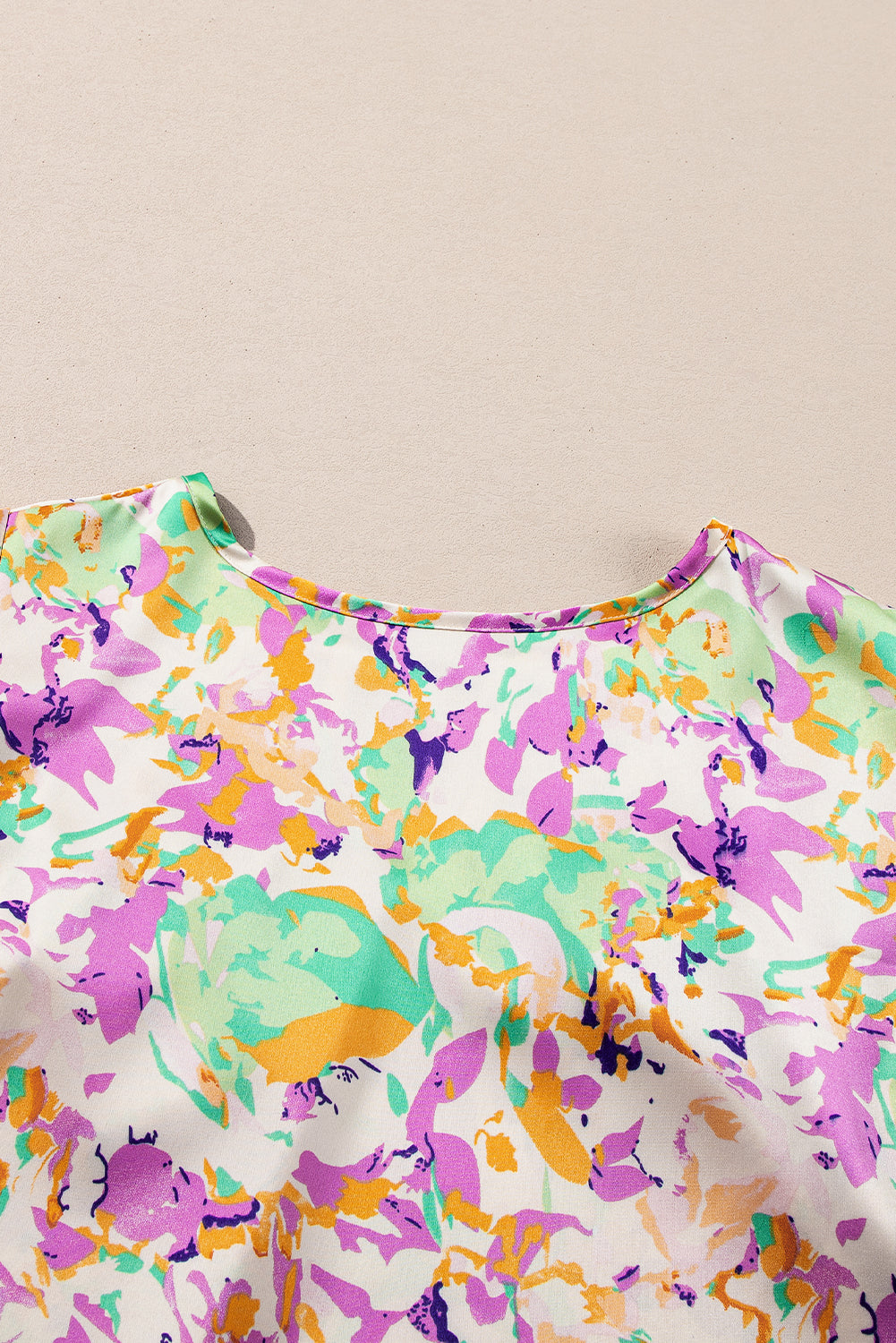 Purple Abstract Printed Ruffled Short Sleeve Notched Neck Blouse