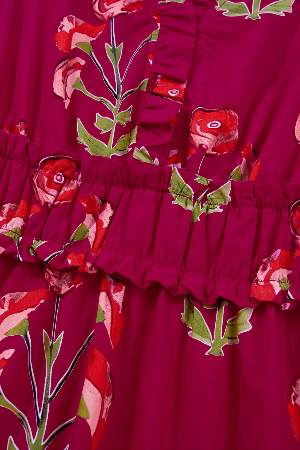 Red Floral Print Frilled V Neck Short Sleeve Ruffle Maxi Dress