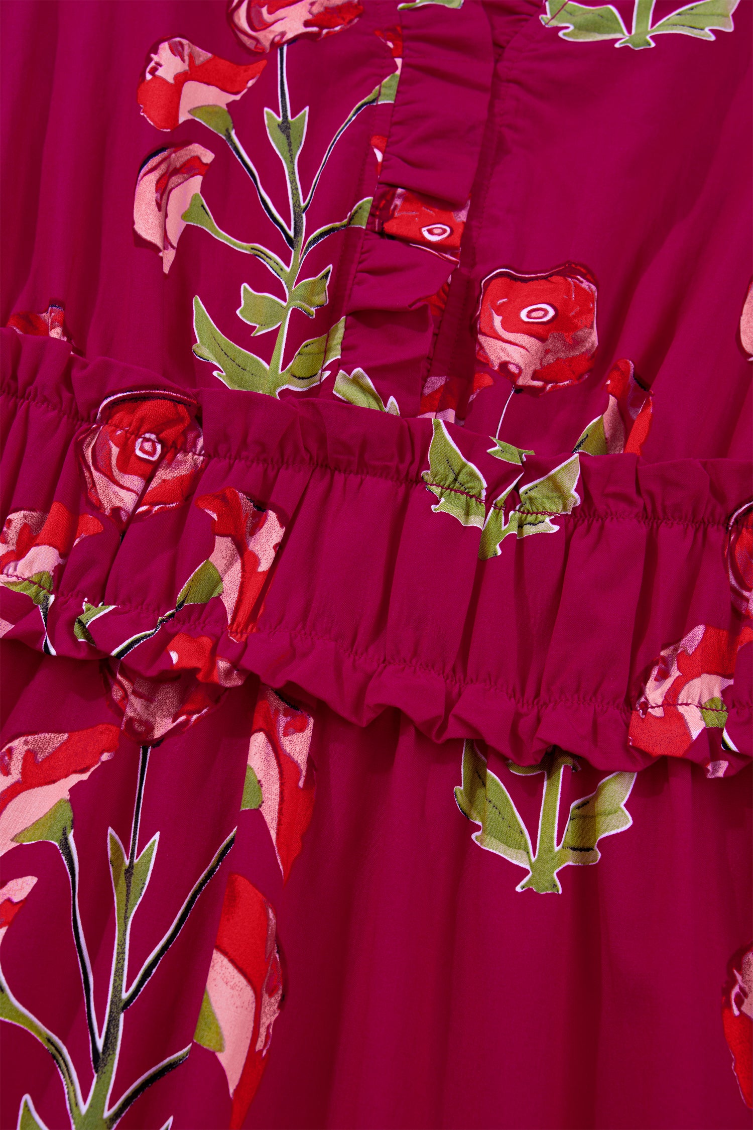 Red Floral Print Frilled V Neck Short Sleeve Ruffle Maxi Dress