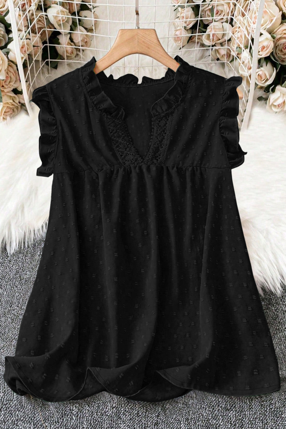 White Plus Size Swiss Dot Ruffle Lace Trim V Neck Tank Top
