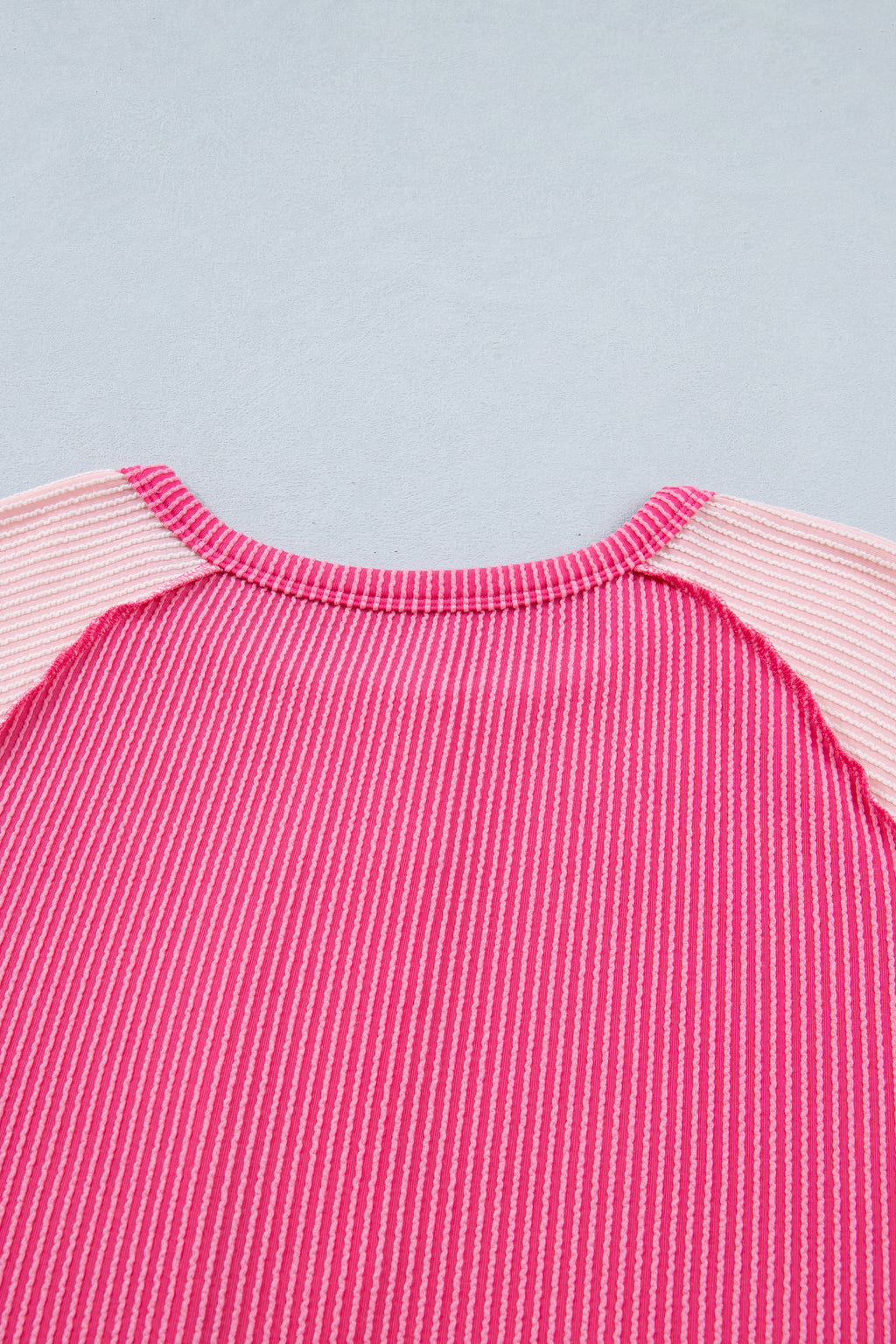 Bright Pink Twisted Ribbed Color Block Patchwork Henley Short Sleeve T Shirt