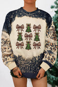 Black Leopard Bow Christmas Tree Printed Tie Dye Bleached Baggy Sweatshirt