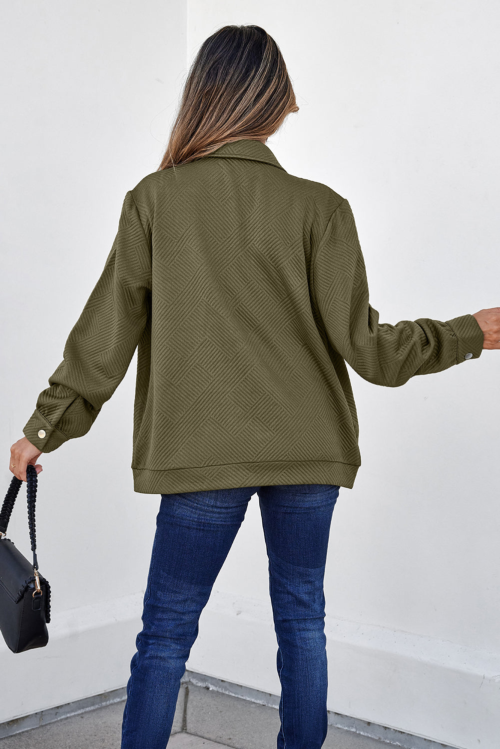 Coffee Solid Color Zip Up Button Flap Pocket Shirt Collar Jackets