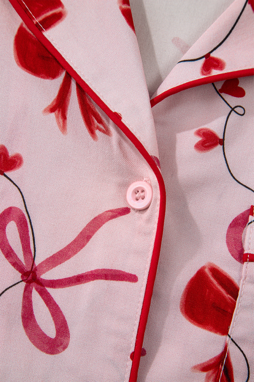Red Bow Print Valentine Long Sleeve Shirt Shorts 2 Pcs Pajama Set