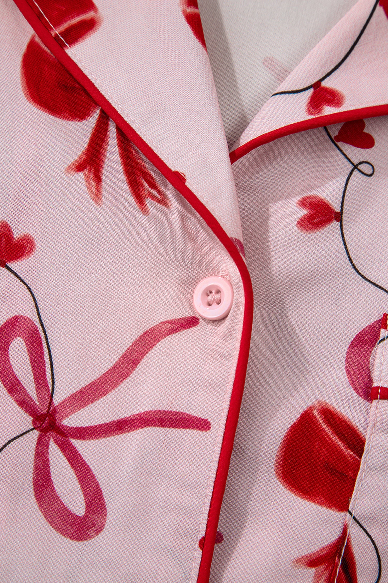 Red Bow Print Valentine Long Sleeve Shirt Shorts 2 Pcs Pajama Set