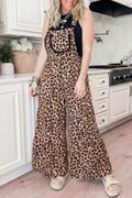 Khaki Cheetah Printed Contrast Lace Detail Ruffled Wide Leg Jumpsuit