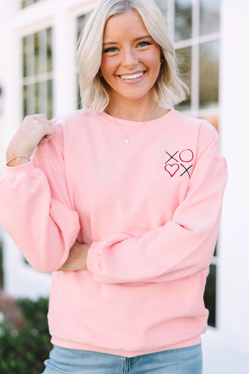 White 3d Ribbed XOXO Heart Embroidered Drop Shoulder Sweatshirt