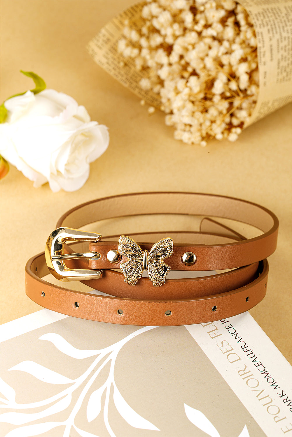 Thai Curry Butterfly Decor Buckle PU Leather Thin Waist Belt