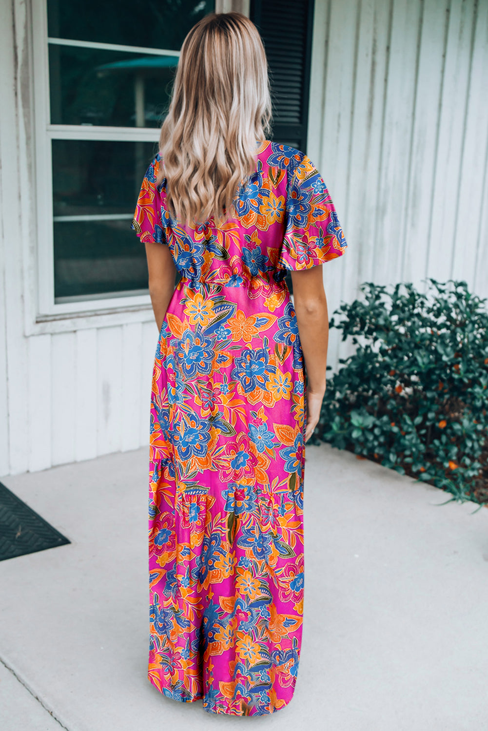 Rose Red Floral Print Smocked Ruffle Trim Flutter Sleeve Blouse