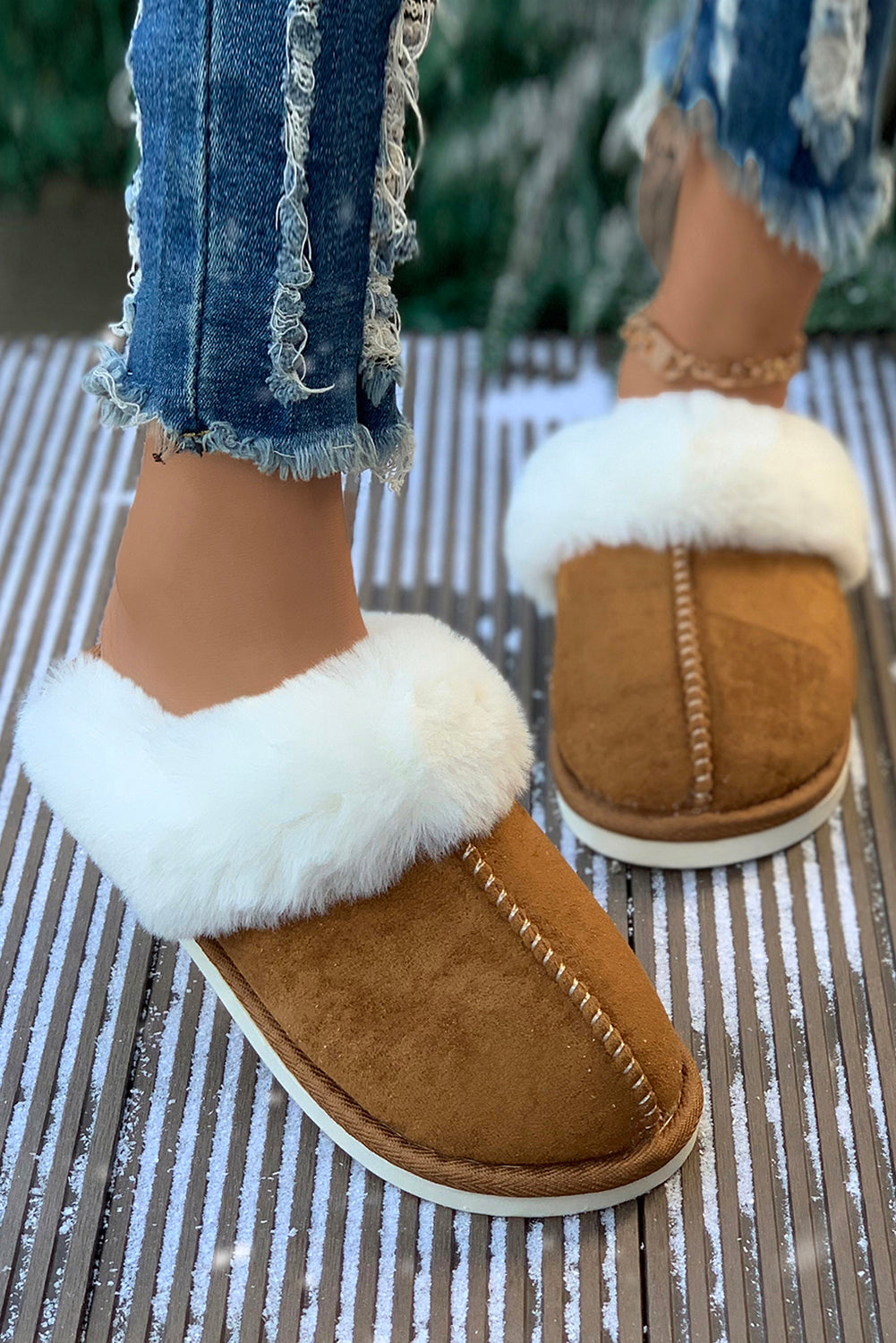 Khaki Cut and Sew Faux Suede Plush Lined Slippers