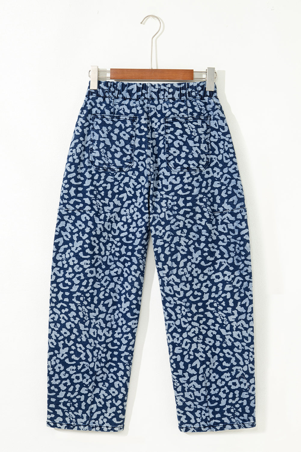 Khaki Leopard Printed Drawstring Elastic Waistband Pocketed Wide Leg Jeans