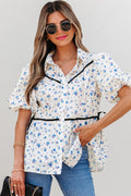 White Contrast Trim Floral Puff Short Sleeve Shirt